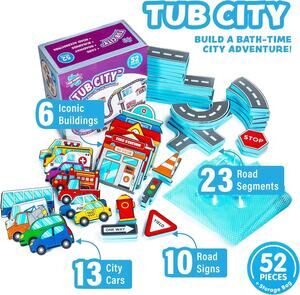 Tub Works Tub City Stick, Build & Drive Toddler Bath Toy Set, 52 Foam Stickers